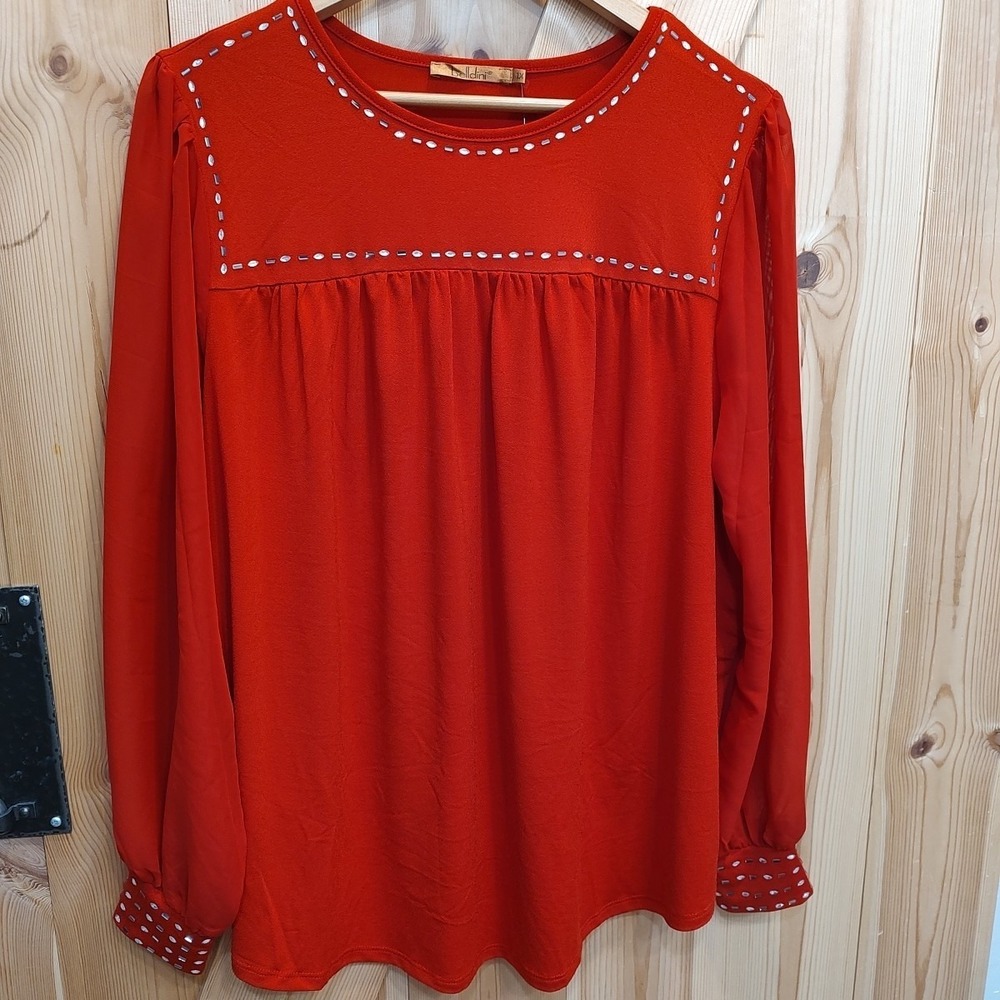 Belldini women Blouse red Sheer‎ long sleeve rhinestone collar sz 1X Holiday